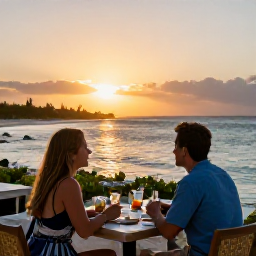 Caribbean Holidays, Active Caribbean Holidays, Couple relaxing at a beachside Caribbean restaurant after an active day, sunset sea view and casual romantic atmosphere