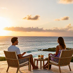 Caribbean Holidays, Active Caribbean Holidays, Couple relaxing on a luxury Caribbean resort terrace after an active day, sunset over the sea, comfortable outdoor seating
