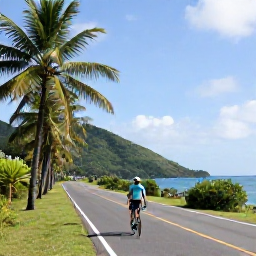 Caribbean Holidays, Active Caribbean Holidays, Cyclist riding along a scenic Caribbean road with palm trees, hills and the sea in the background