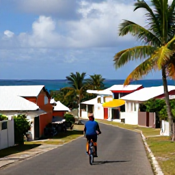 Caribbean Holidays, Active Caribbean Holidays, Cyclist riding on a quiet coastal road through a Caribbean village, palms, colourful buildings and ocean views