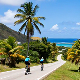 Caribbean Holidays, Active Caribbean Holidays, Cyclists riding along a scenic Caribbean island road with palm trees, hills and ocean views