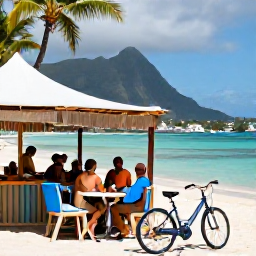 Caribbean Holidays, Active Caribbean Holidays, Friendly travellers relaxing at a Caribbean beach caf&eacute; after an outdoor excursion, with bicycles nearby and mountains in the background