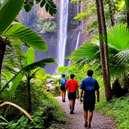 Caribbean Holidays, Active Caribbean Holidays, Hikers following a green rainforest trail towards a Caribbean waterfall, with tropical plants and sunlight through the leaves