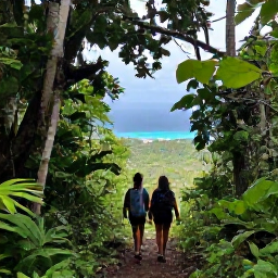Caribbean Holidays, Active Caribbean Holidays, Hikers following a mountain path through tropical forest towards a Caribbean viewpoint overlooking the coastline