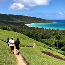 Caribbean Holidays, Active Caribbean Holidays, Hikers walking along a green Caribbean hillside trail with panoramic views of a turquoise bay and tropical forest