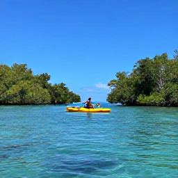 Caribbean Holidays, Active Caribbean Holidays, Kayaker paddling through calm Caribbean mangroves surrounded by green islands and clear blue water