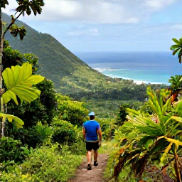 Caribbean Holidays, Active Caribbean Holidays, Person hiking along a lush Caribbean mountain trail with ocean views and tropical vegetation