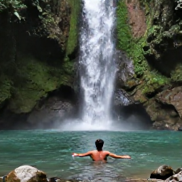 Caribbean Holidays, Active Caribbean Holidays, Traveller swimming beneath a Caribbean waterfall in a green rainforest gorge, with clear water and rocky pools