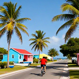 Caribbean Holidays, Active Caribbean Holidays, Travellers cycling along a colourful Caribbean coastal road with palm trees, fishing boats and bright island houses