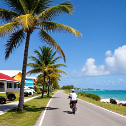 Caribbean Holidays, Active Caribbean Holidays, Travellers cycling along a scenic Caribbean coastal road past palm trees, colourful houses and a bright blue sea
