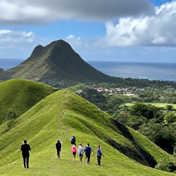 Caribbean Holidays, Active Caribbean Holidays, Travellers hiking along a green Caribbean hillside with a view of the sea, volcanic peaks and a distant village
