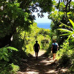 Caribbean Holidays, Active Caribbean Holidays, Travellers hiking along a lush Caribbean rainforest trail with bright green foliage, filtered sunlight and distant blue sea
