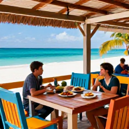 Caribbean Holidays, Active Caribbean Holidays, Travellers relaxing at a simple Caribbean beach caf&eacute; after an active day, with local food, sea views and colourful wooden seating