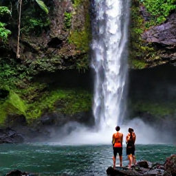 Caribbean Holidays, Active Caribbean Holidays, Travellers standing beside a waterfall in a lush Caribbean rainforest, with natural pools and rugged volcanic scenery