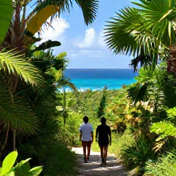 Caribbean Holidays, Active Caribbean Holidays, Travellers walking along a lush tropical trail with views over a bright blue Caribbean sea