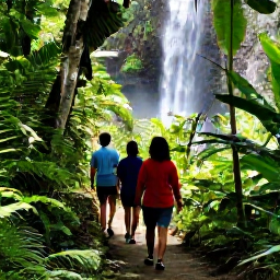 Caribbean Holidays, Active Caribbean Holidays, Travellers walking along a shaded tropical trail towards a waterfall in the Caribbean