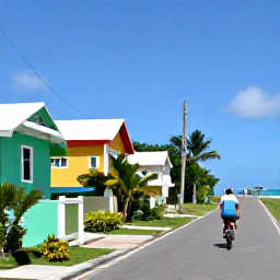 Caribbean Holidays, Active Caribbean Holidays, Visitors cycling on a quiet Caribbean road beside colourful houses, tropical plants and a sunny coastline