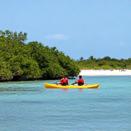 Caribbean Holidays, Active Caribbean Holidays, Visitors kayaking across calm turquoise Caribbean water beside mangroves and a sandy beach, under bright sunshine