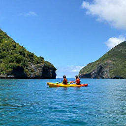 Caribbean Holidays, Active Caribbean Holidays, Visitors kayaking through calm Caribbean water beside green hills, small coves and a clear blue sky