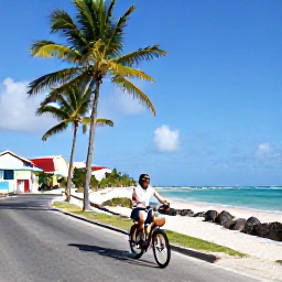 Caribbean Holidays, Active Caribbean Weddings, Bride and groom cycling beside a sunny Caribbean beach road with palms, colourful houses and ocean views
