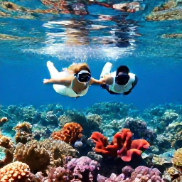 Caribbean Holidays, Active Caribbean Weddings, Bride and groom snorkelling over a colourful Caribbean coral reef in clear shallow water