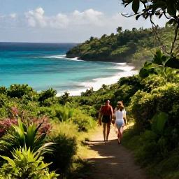 Caribbean Holidays, Active Caribbean Weddings, Couple hiking along a lush Caribbean coastline with turquoise sea, tropical vegetation and bright morning light
