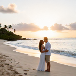 Caribbean Holidays, Active Caribbean Weddings, Newlywed couple celebrating on a Caribbean beach at sunset with gentle waves and a relaxed tropical atmosphere