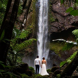 Caribbean Holidays, Active Caribbean Weddings, Newlywed couple walking through a tropical rainforest towards a waterfall on a Caribbean island