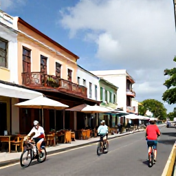 Caribbean Holidays, Active City Breaks, A friendly Caribbean street scene with visitors cycling past historic buildings, market stalls and local caf&eacute;s
