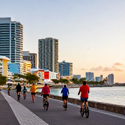 Caribbean Holidays, Active City Breaks, A lively Caribbean city waterfront at sunrise, with travellers walking, cycling and colourful buildings beside the sea
