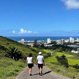 Caribbean Holidays, Active City Breaks, Travellers hiking through lush tropical hills above a Caribbean city, with ocean views and clear blue skies