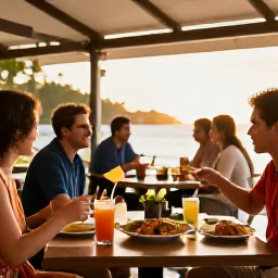 Caribbean Holidays, Active City Breaks, Travellers relaxing at an outdoor Caribbean restaurant after an active day, with local dishes, chilled drinks and warm evening light