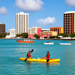 Caribbean Holidays, Active City Breaks, Visitors kayaking in calm turquoise Caribbean water near a colourful coastal city, with paddleboards and small boats nearby