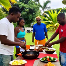Caribbean Holidays, Active Cooking Holidays, A small outdoor Caribbean cooking class with travellers preparing jerk chicken, fresh vegetables and sauces beside a tropical garden