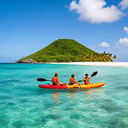 Caribbean Holidays, Active Cooking Holidays, Kayakers paddling across clear Caribbean water near a green island, with a sandy beach and palms in the background