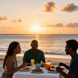 Caribbean Holidays, Active Cooking Holidays, Travellers dining outdoors at sunset beside a Caribbean beach, enjoying locally cooked food at a relaxed table
