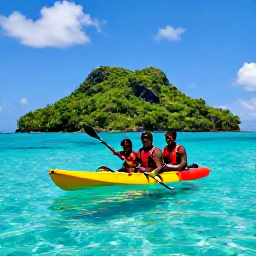 Caribbean Holidays, Active Family Holidays, A happy family kayaking through clear turquoise Caribbean water beside a green tropical island