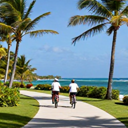 Caribbean Holidays, Active Family Holidays, Family cycling along a scenic Caribbean coastal path with palm trees, blue sea and a relaxed tropical atmosphere