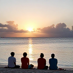 Caribbean Holidays, Active Family Holidays, Family enjoying a relaxed Caribbean sunset after an active day, sitting near a beach with calm sea and warm evening light