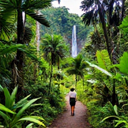 Caribbean Holidays, Active Family Holidays, Family hiking on a well-marked trail through lush Caribbean rainforest with a waterfall in the distance