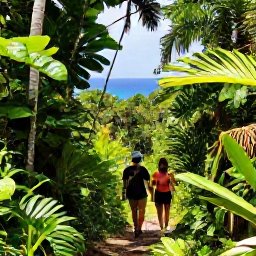 Caribbean Holidays, Active Honeymoons, A couple hiking along a lush Caribbean rainforest trail with bright tropical vegetation and glimpses of blue sea