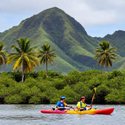 Caribbean Holidays, Active Honeymoons, A couple kayaking through calm Caribbean mangroves beneath palm trees and dramatic green hills
