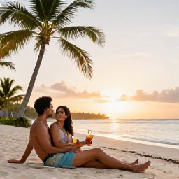 Caribbean Holidays, Active Honeymoons, A couple relaxing on a quiet Caribbean beach after an active day, with sunset light, palm trees and two chilled drinks