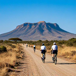 Caribbean Holidays, Active Safari Holidays, Active travellers cycling along a scenic track beside African savannah and mountains under a clear blue sky