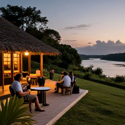 Caribbean Holidays, Active Safari Holidays, Comfortable eco-lodge beside an African river at dusk, with guests relaxing on a terrace after an active day