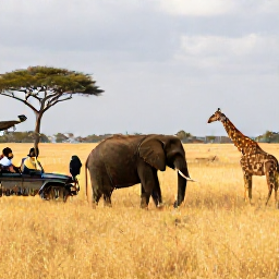 Caribbean Holidays, Active Safari Holidays, Small safari group watching elephants and giraffes from a safe distance on a golden grassland plain with an experienced guide