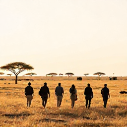 Caribbean Holidays, Active Safari Holidays, Travellers walking quietly with an expert guide across open African savannah at sunrise, with distant wildlife and acacia trees