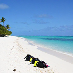 Caribbean Holidays, Active Scuba Diving, Caribbean holiday scene with scuba gear drying near a white sandy beach, calm turquoise sea and palm trees under clear blue sky