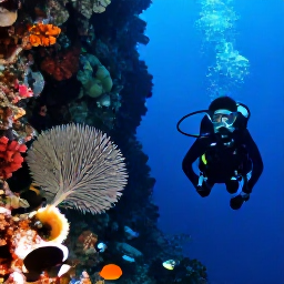 Caribbean Holidays, Active Scuba Diving, Experienced scuba diver swimming beside a dramatic Caribbean reef wall with sea fans, sponges and tropical fish in deep blue water