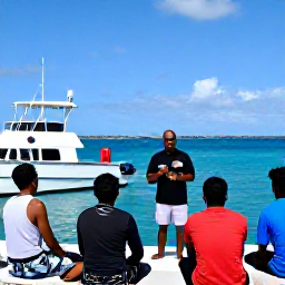 Caribbean Holidays, Active Scuba Diving, Friendly Caribbean scuba diving instructor briefing a small group of holidaymakers beside a boat at a sunny tropical marina